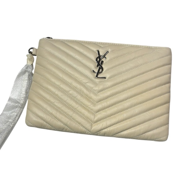 YSL Cassandre Matelasse A5 Pouch in Beige Tan Calfskin Leather Chevron Silver - Picture 1 of 12